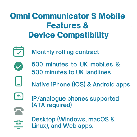 Omni Communicator S Mobile - Pay Monthly Cloud Mobile Phone System (VoIP) Subscription (Mobile, PC, Mac, Linux, Web & Deskphones) - Monthly Rolling Contract