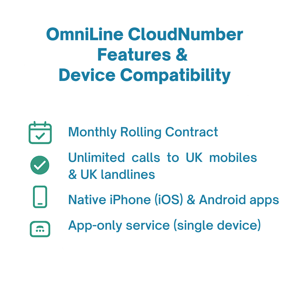 OmniCall CloudNumber - Pay Monthly Voice & Text-Only Cloud Mobile (VoIP) Services Subscription - Monthly Rolling Contract